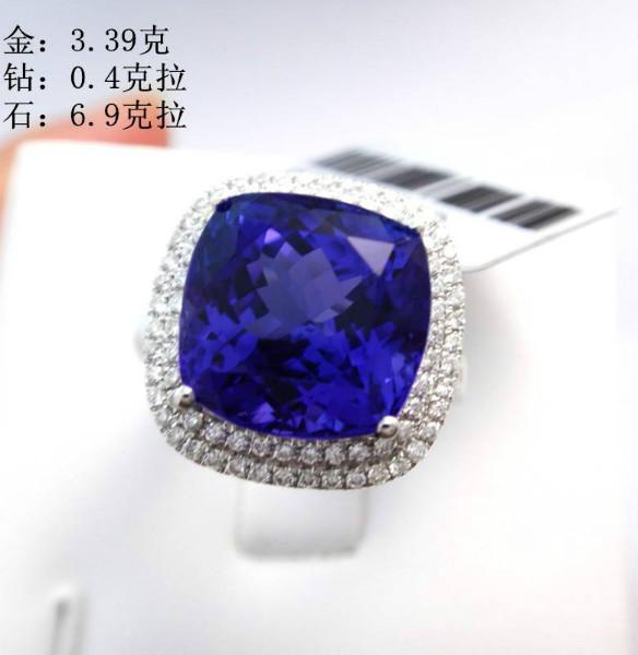 供應(yīng)天然枕形坦桑石戒指18K白金鑲鉆枕形坦桑石戒指
